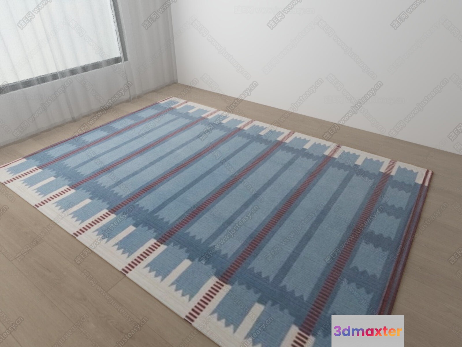 A Blue And White Rug With Red Accents 3D Model - 6474 - VRAY Render
