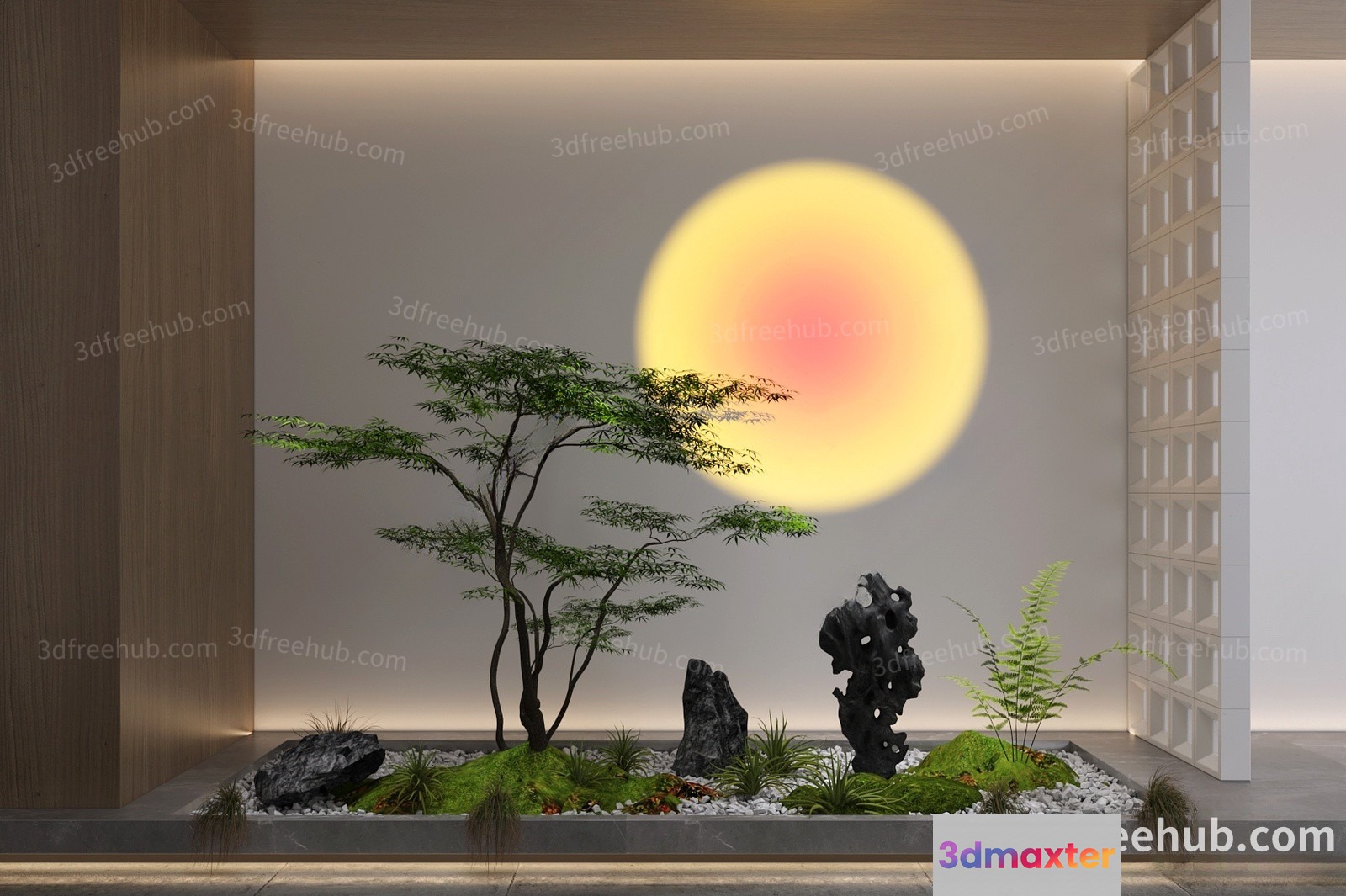 A Serene Japanese Garden Scene Featuring A Large Tree And A Sunset 3D Model - 21228 - VRAY Render