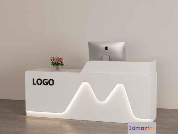 A White Desk With A Computer And Flowers 3D Model - 13231 - VRAY Render