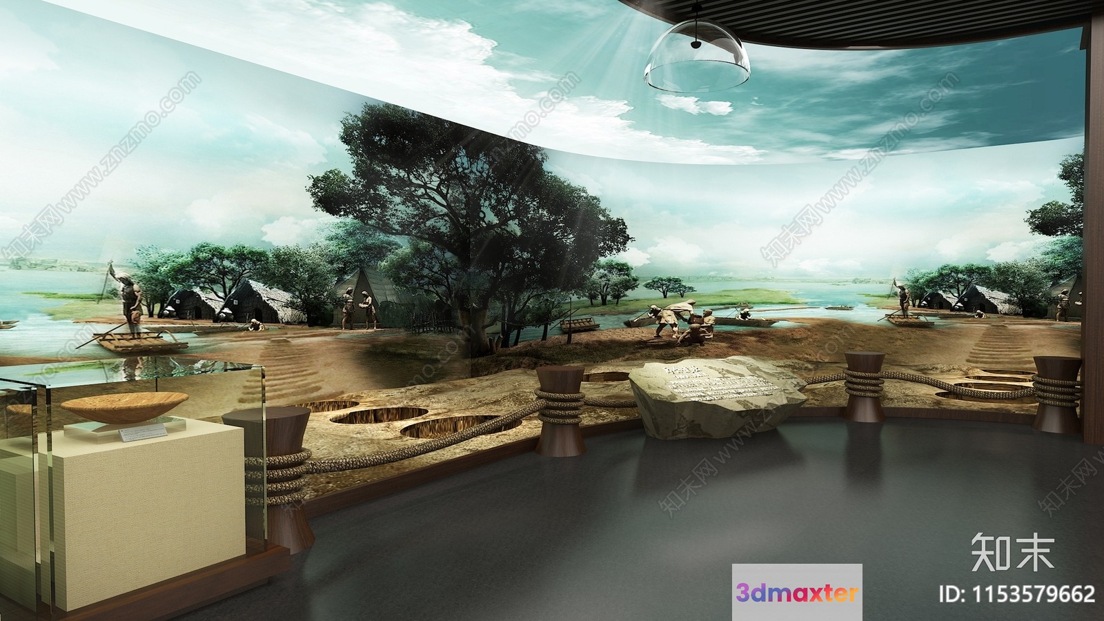 A Museum Exhibit Featuring A Large Mural Of A River Scene 3D Model - 656 - VRAY Render