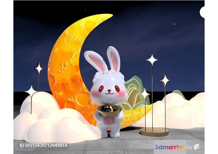 A Cartoon Rabbit Stands In Front Of A Crescent Moon 3D Model - 9417 - VRAY Render