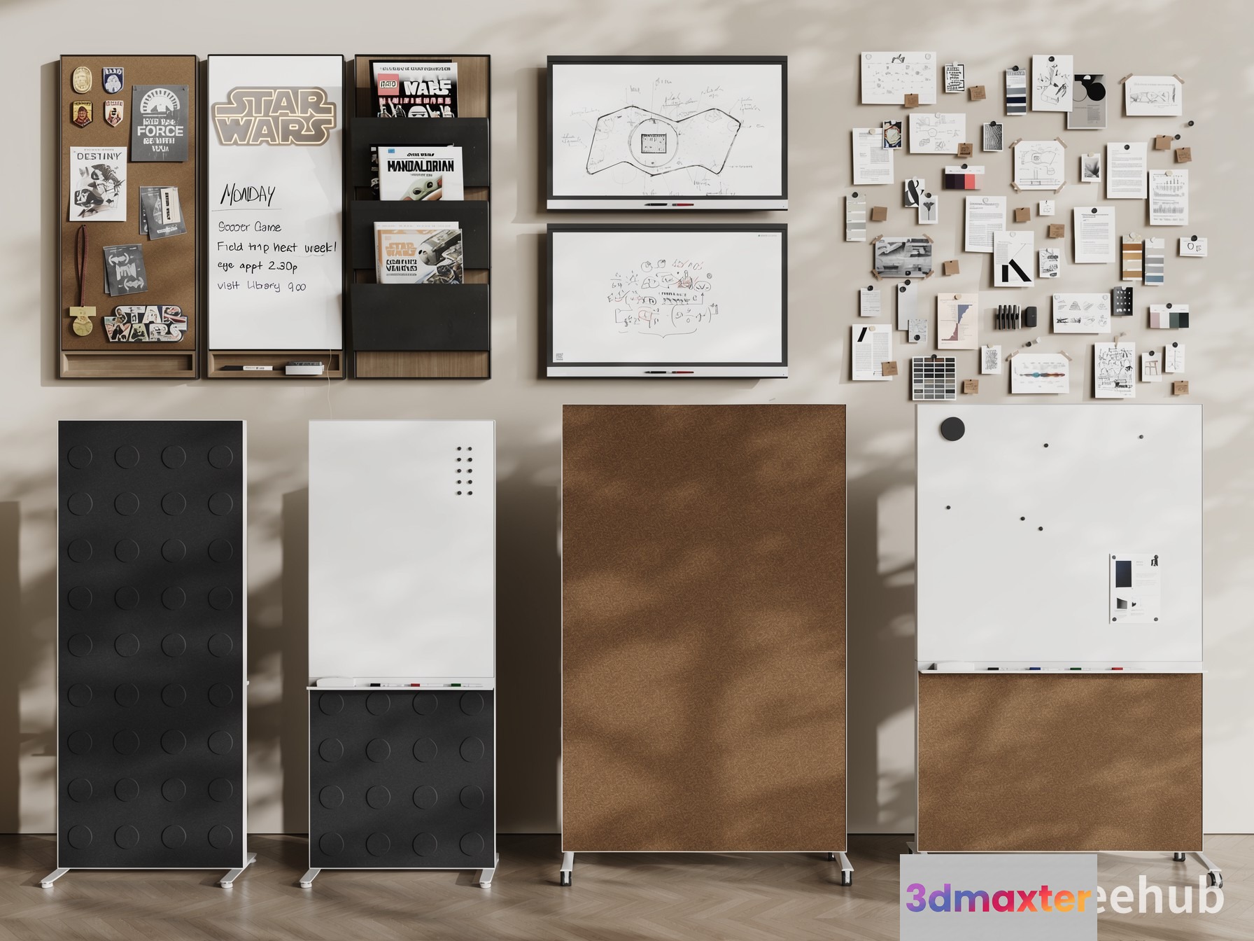 A Wall With Various Office Supplies 3D Model - 23595 - VRAY Render
