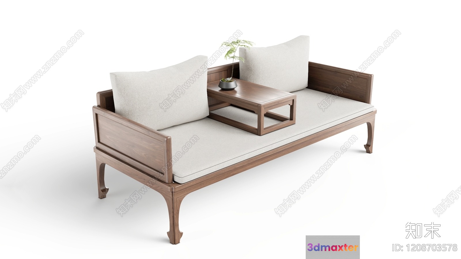 A Wooden Couch With A Table 3D Model - 16715 - VRAY Render