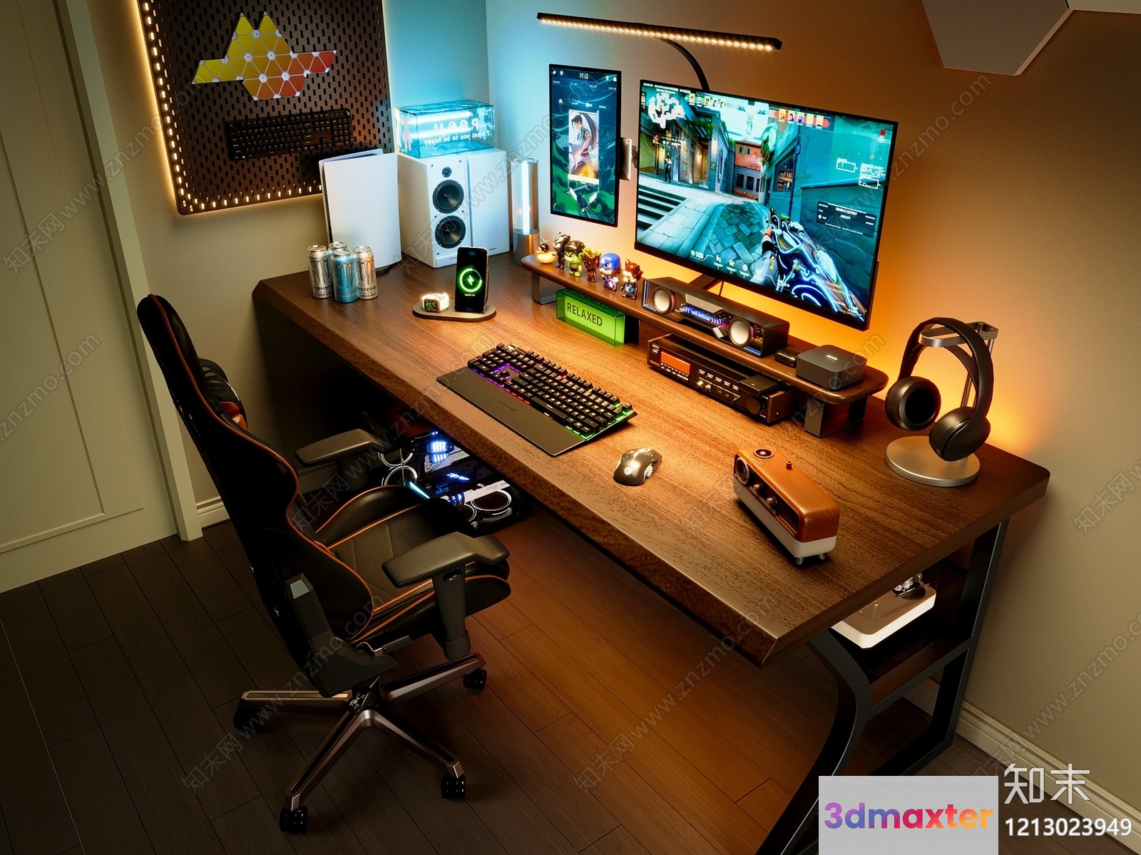 A Gaming Desk With A Computer And Chair 3D Model - 13737 - VRAY Render