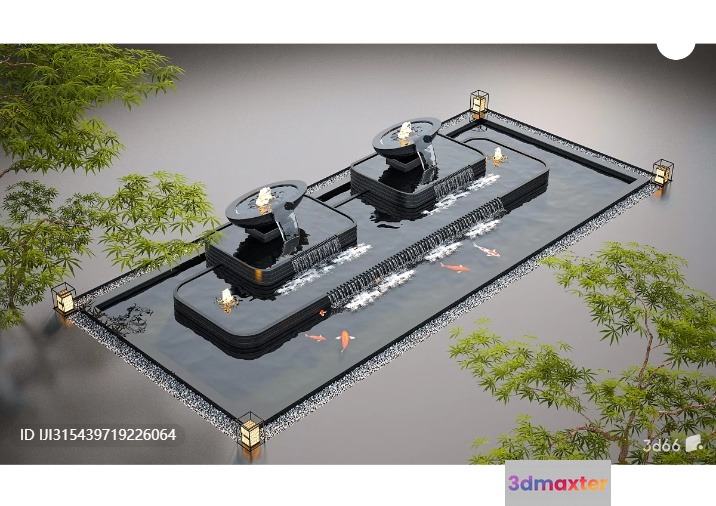 A Serene 3D Rendering Of A Pond With A Fountain 3D Model - 6824 - VRAY Render