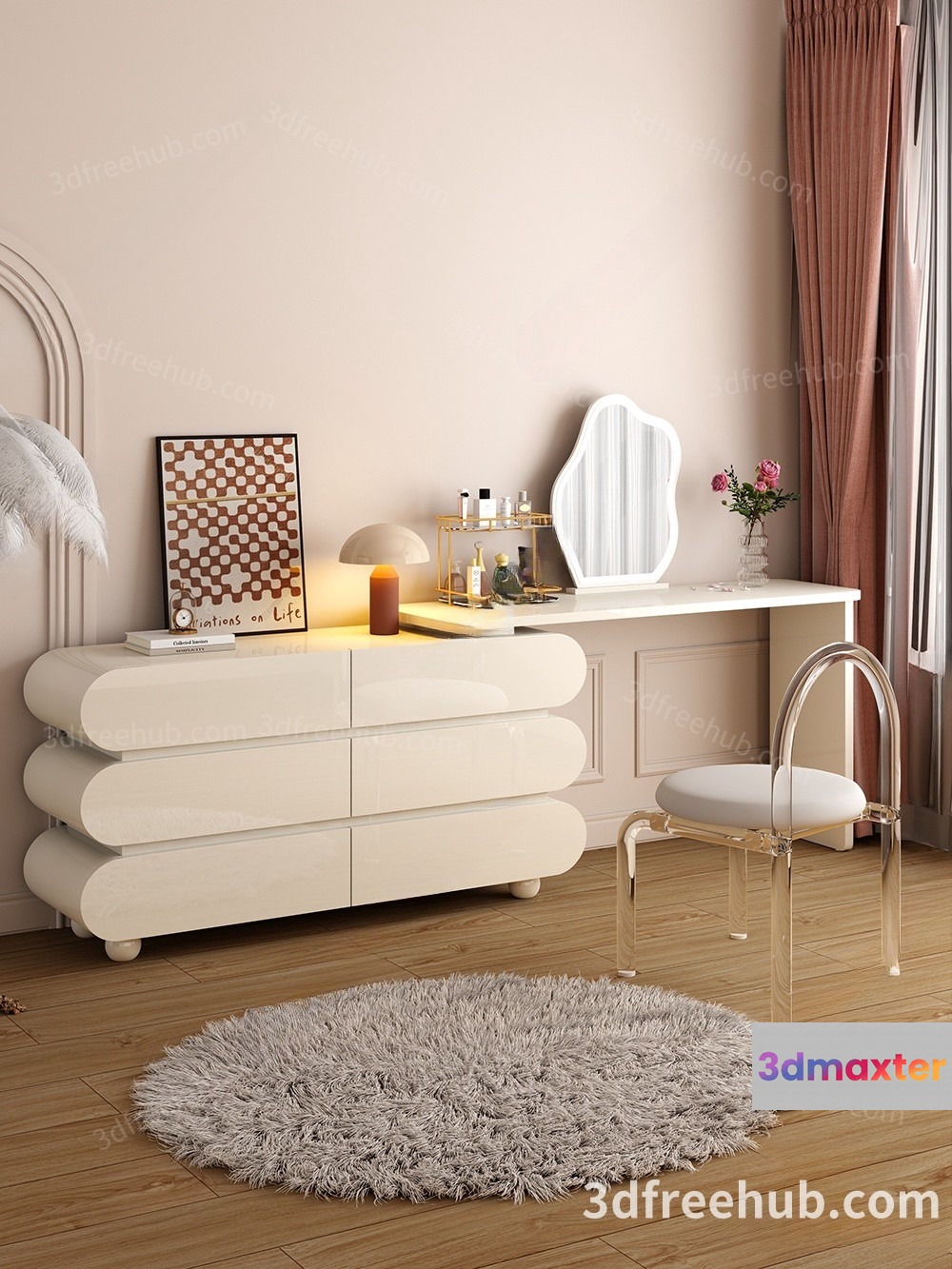Modern Dresser And Mirror 3D Model - 20942 - VRAY Render