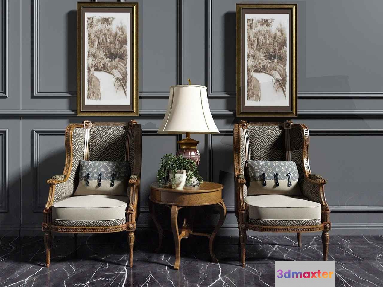Two Wooden Chairs With White Cushions 3D Model - 14308 - VRAY Render
