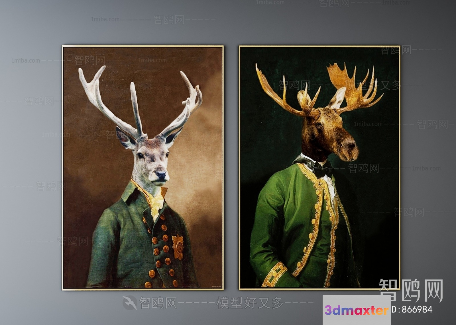 A Pair Of Portraits Of A Deer And A Moose In Green Coats 3D Model - 3744 - VRAY Render