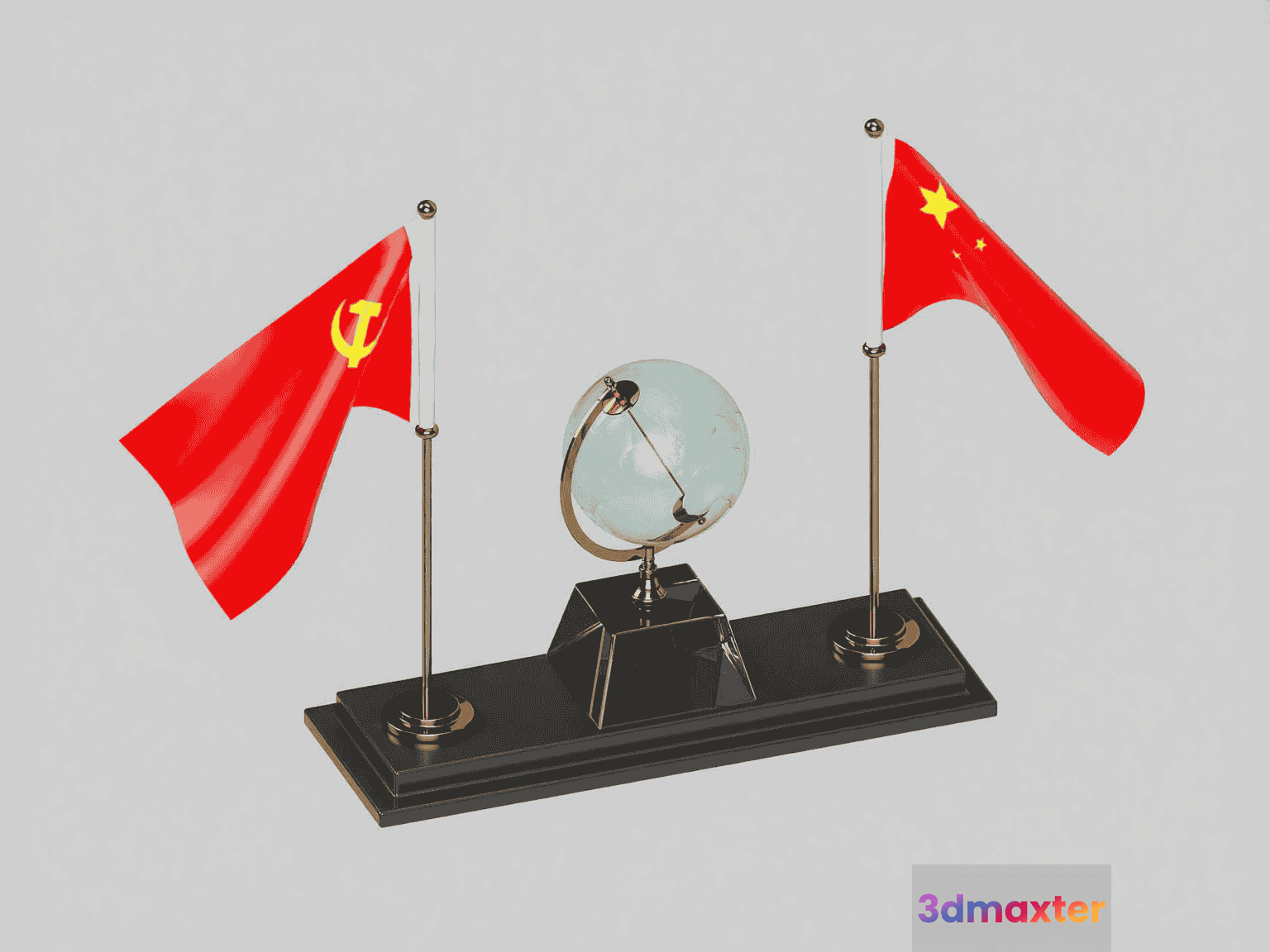 A Table With A Glass Globe And Two Flags 3D Model - 15775 - VRAY Render