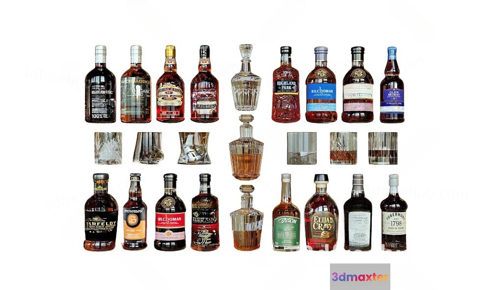 Whiskey Bottles And Glasses 3D Model - 22980 - VRAY Render