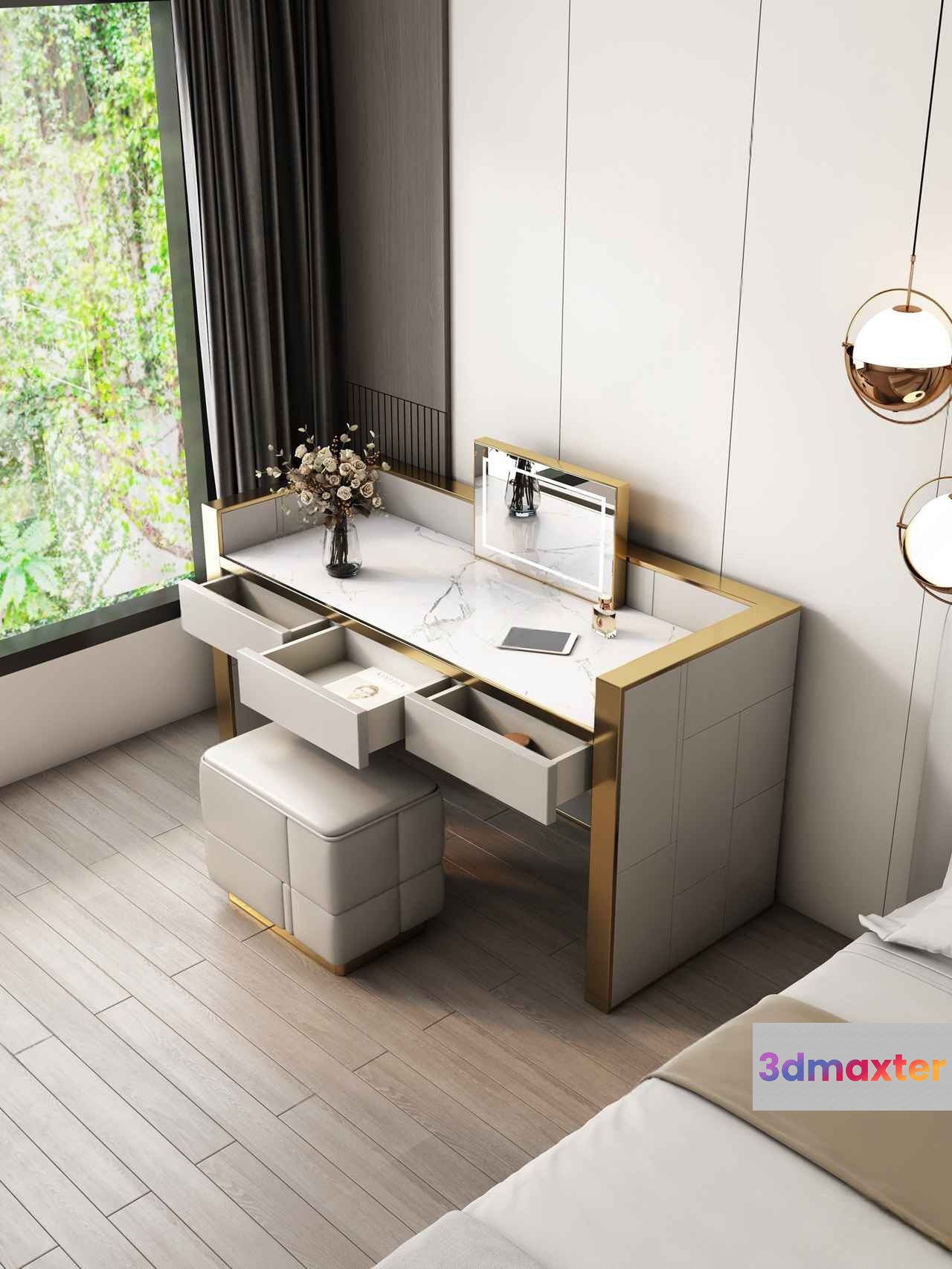 Modern White Vanity With Gold Accents 3D Model - 985 - VRAY Render