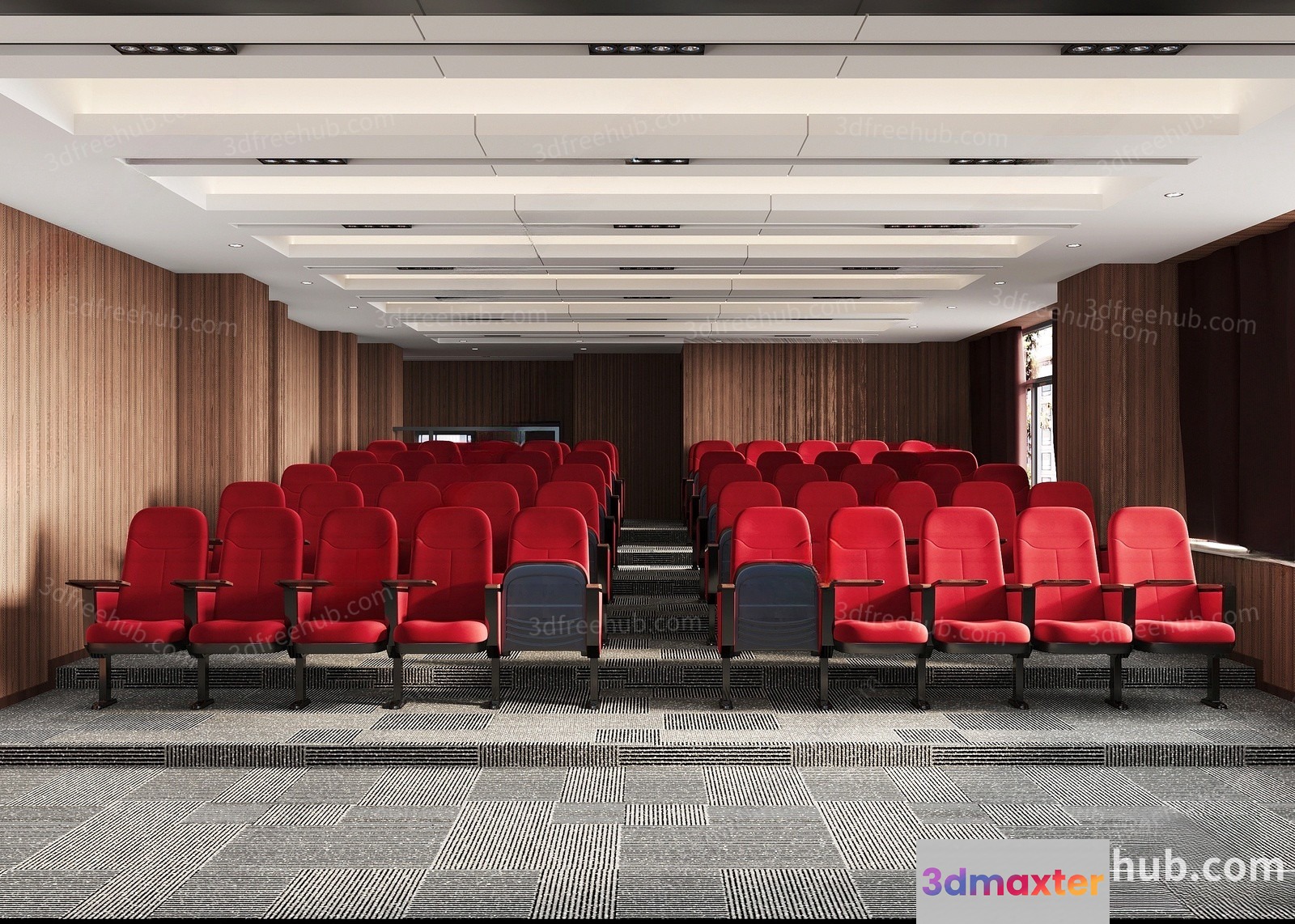 A Large Auditorium With Red Chairs 3D Model - 23510 - VRAY Render