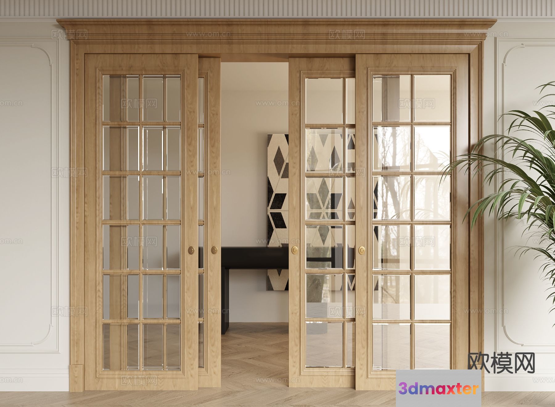 A Pair Of Light Wood French Doors 3D Model - 10042 - VRAY Render