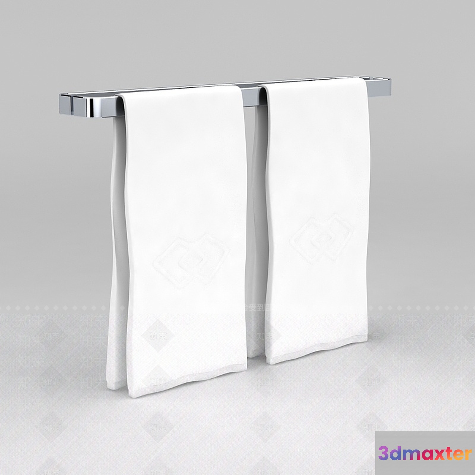 Two White Towels Hanging From A Silver Towel Rack 3D Model - 2937 - VRAY Render