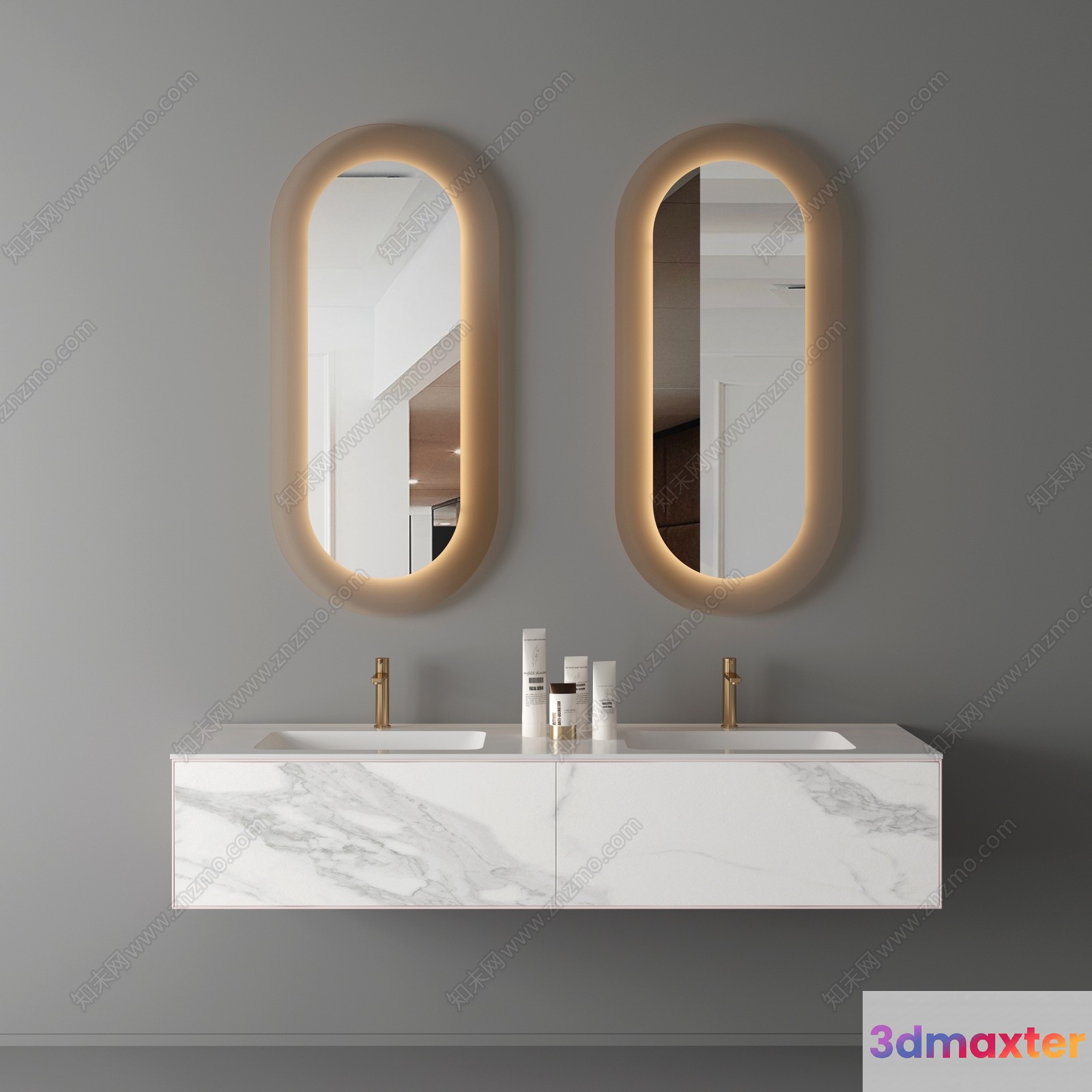A Double Sink Vanity With Two Mirrors 3D Model - 15189 - VRAY Render
