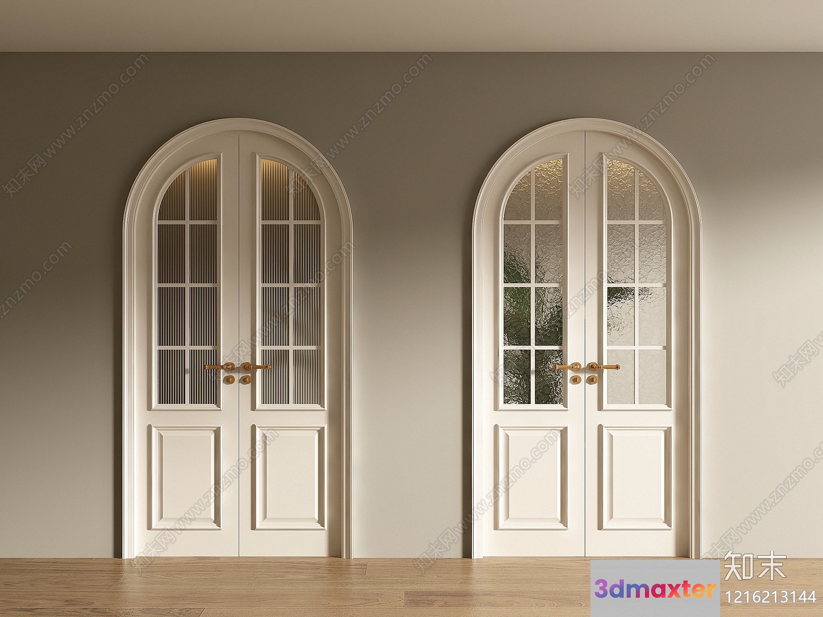 Two White French Doors With Gold Handles And Windows 3D Model - 11969 - VRAY Render