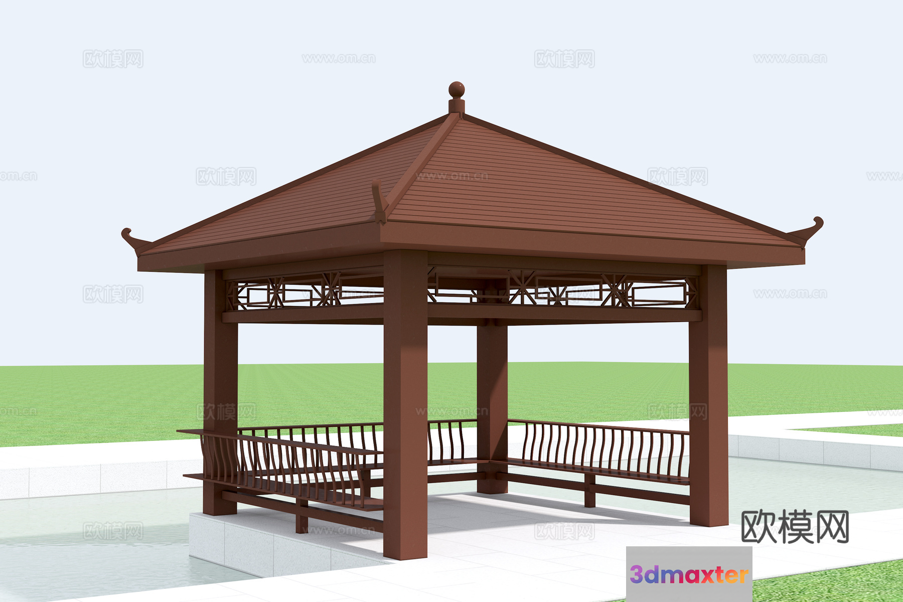 A Wooden Gazebo With A Pointed Roof 3D Model - 10813 - VRAY Render