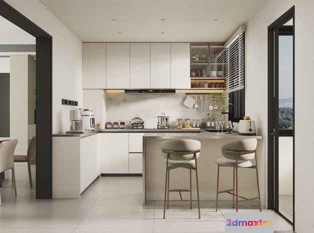 Modern White Kitchen 3D Model - 12953 - VRAY Render