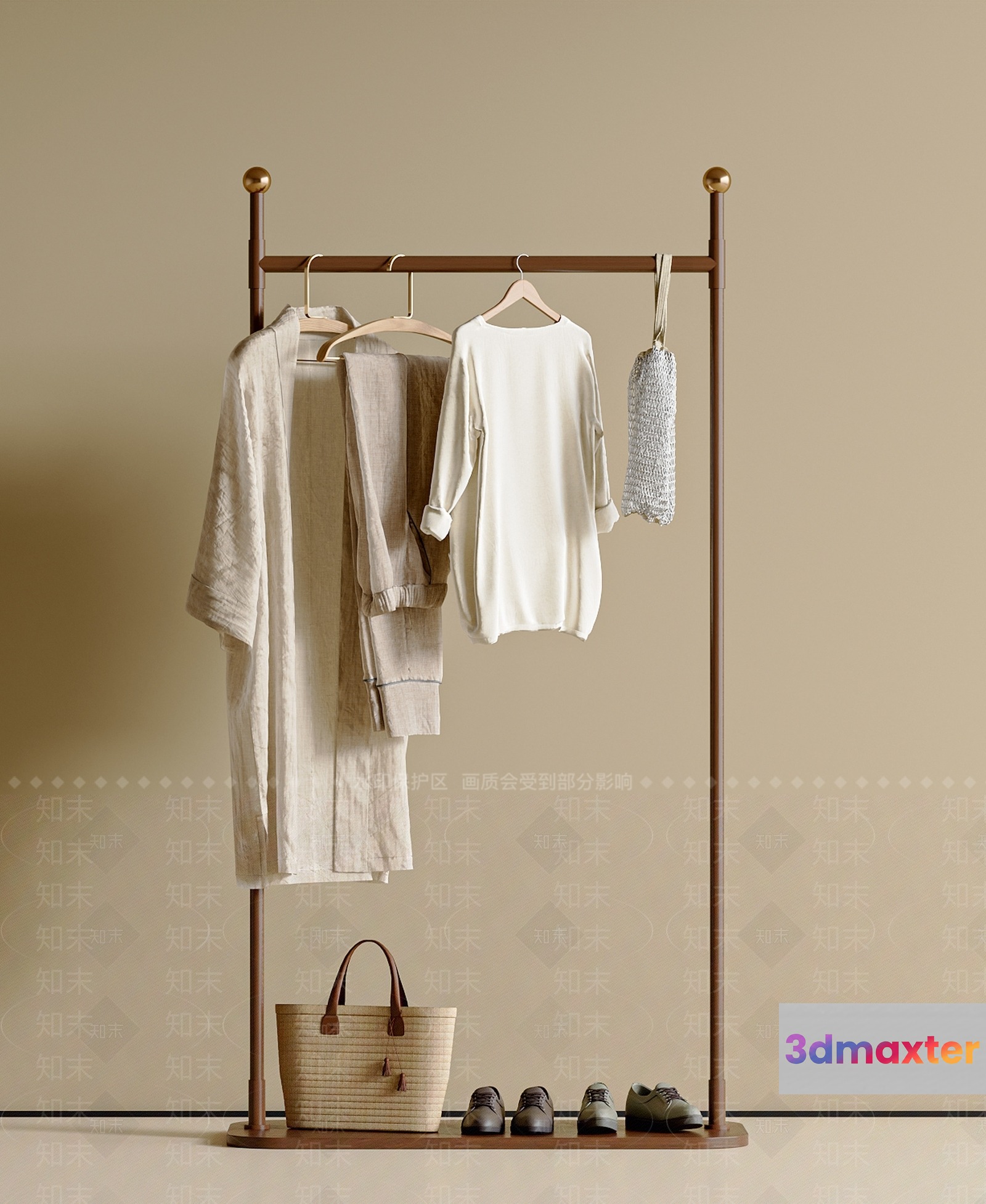 A Clothing Rack With Various Items Of Clothing And Shoes 3D Model - 1075 - VRAY Render