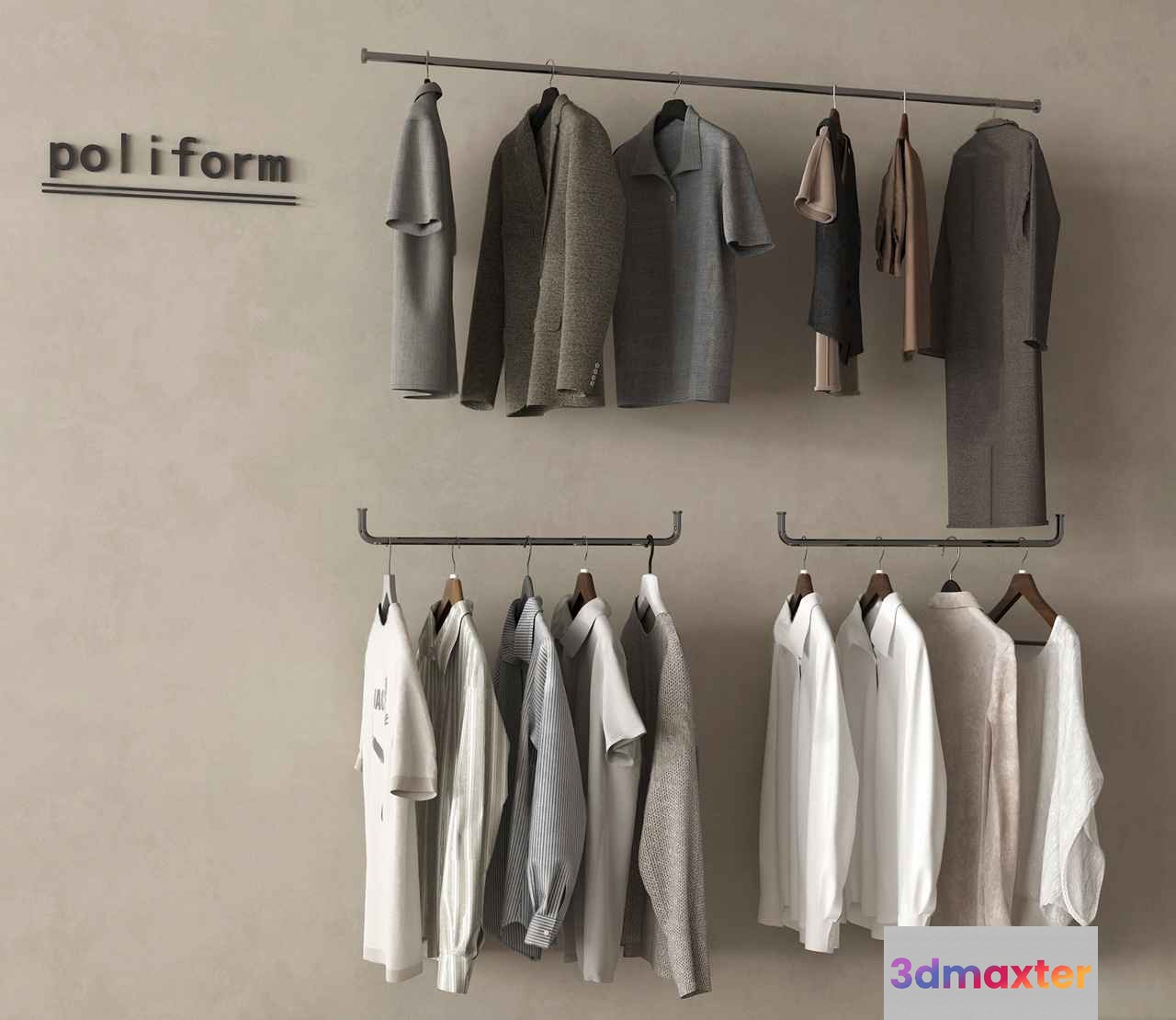A Clothing Rack With Various Shirts 3D Model - 12539 - VRAY Render