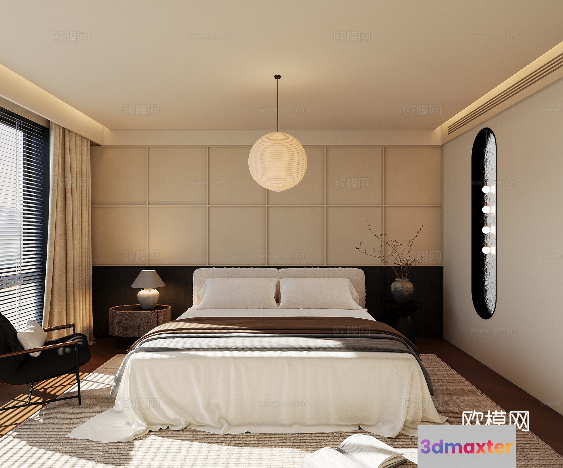A Bedroom With A White Bed 3D Model - 18820 - VRAY Render