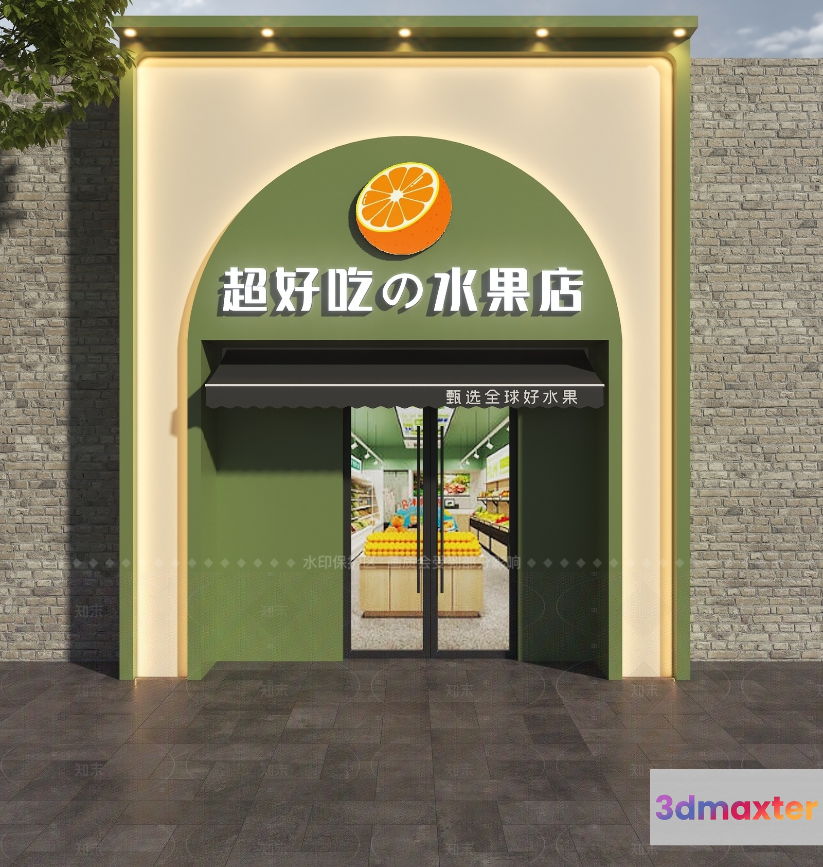 A Storefront With A Green And White Color Scheme Featuring A Prominent Orange Slice 3D Model - 17450 - VRAY Render