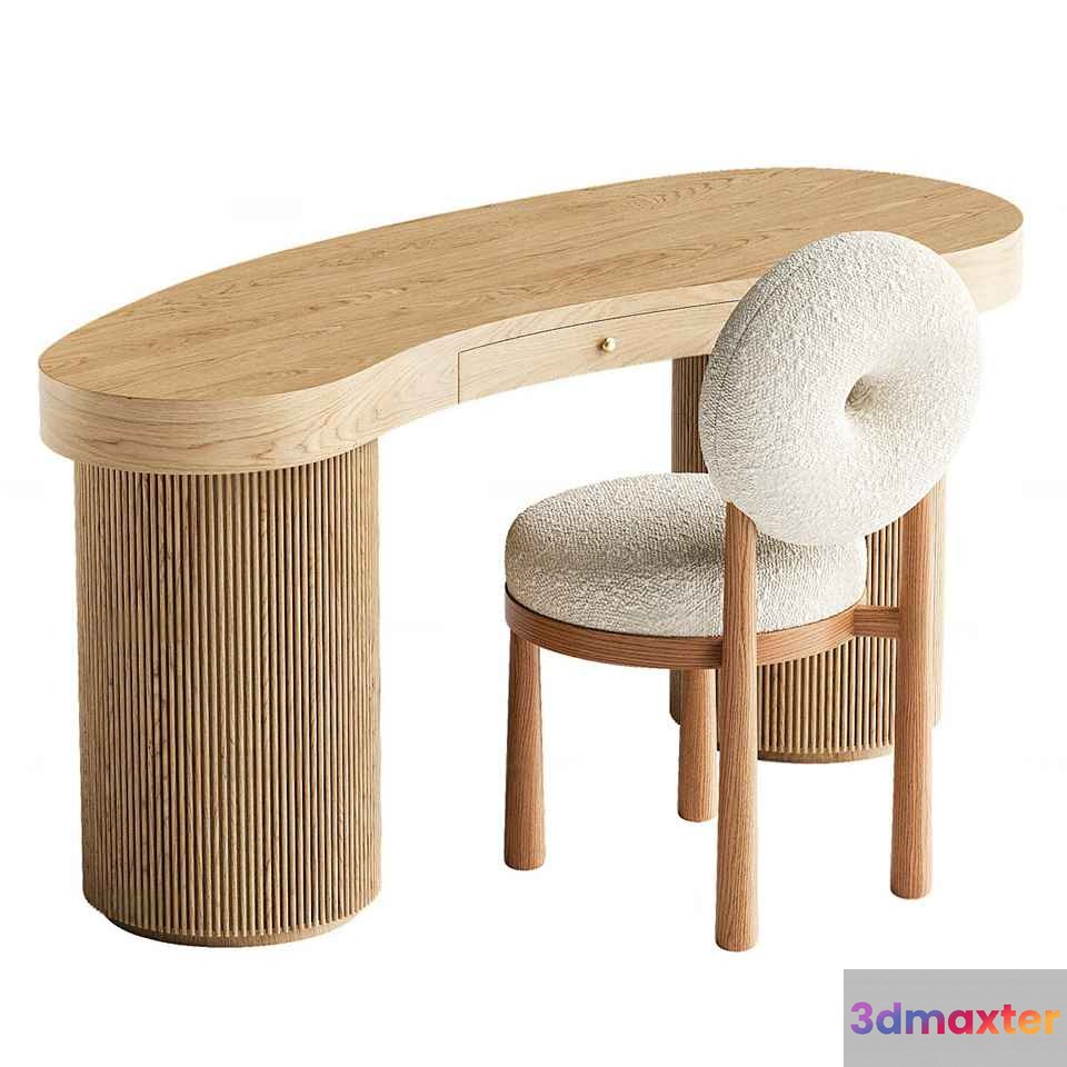 A Wooden Desk With A White Chair 3D Model - 3330 - CORONA Render