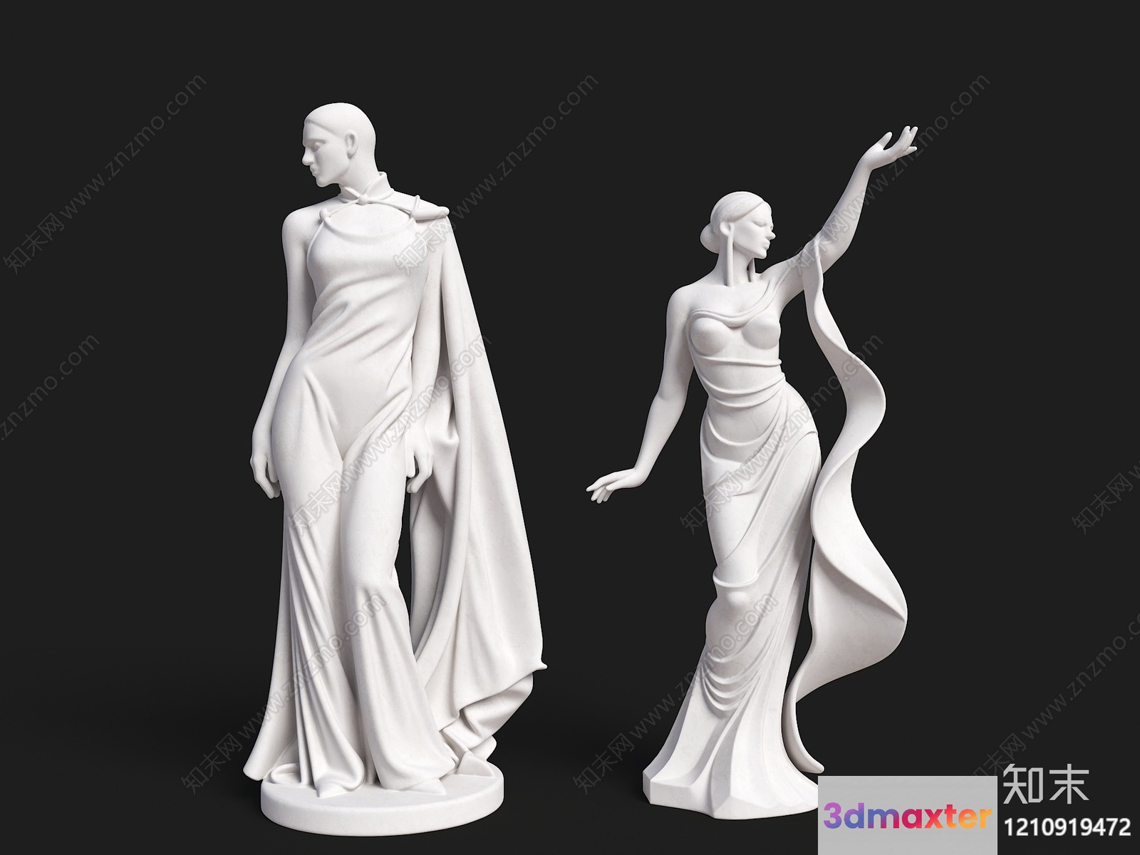 Two Statues Of Women In White Dresses 3D Model - 16418 - VRAY Render