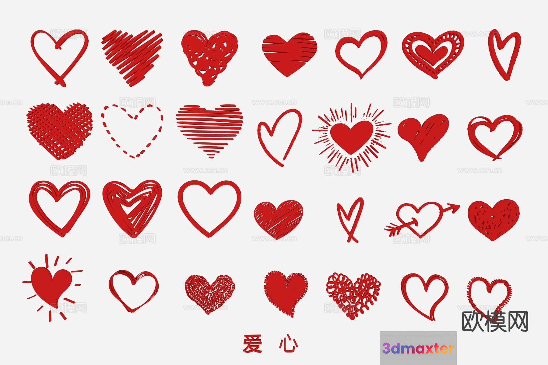 The Single Main Subject Is A Collection Of Hand-Drawn Hearts In Red 3D Model - 10835 - VRAY Render