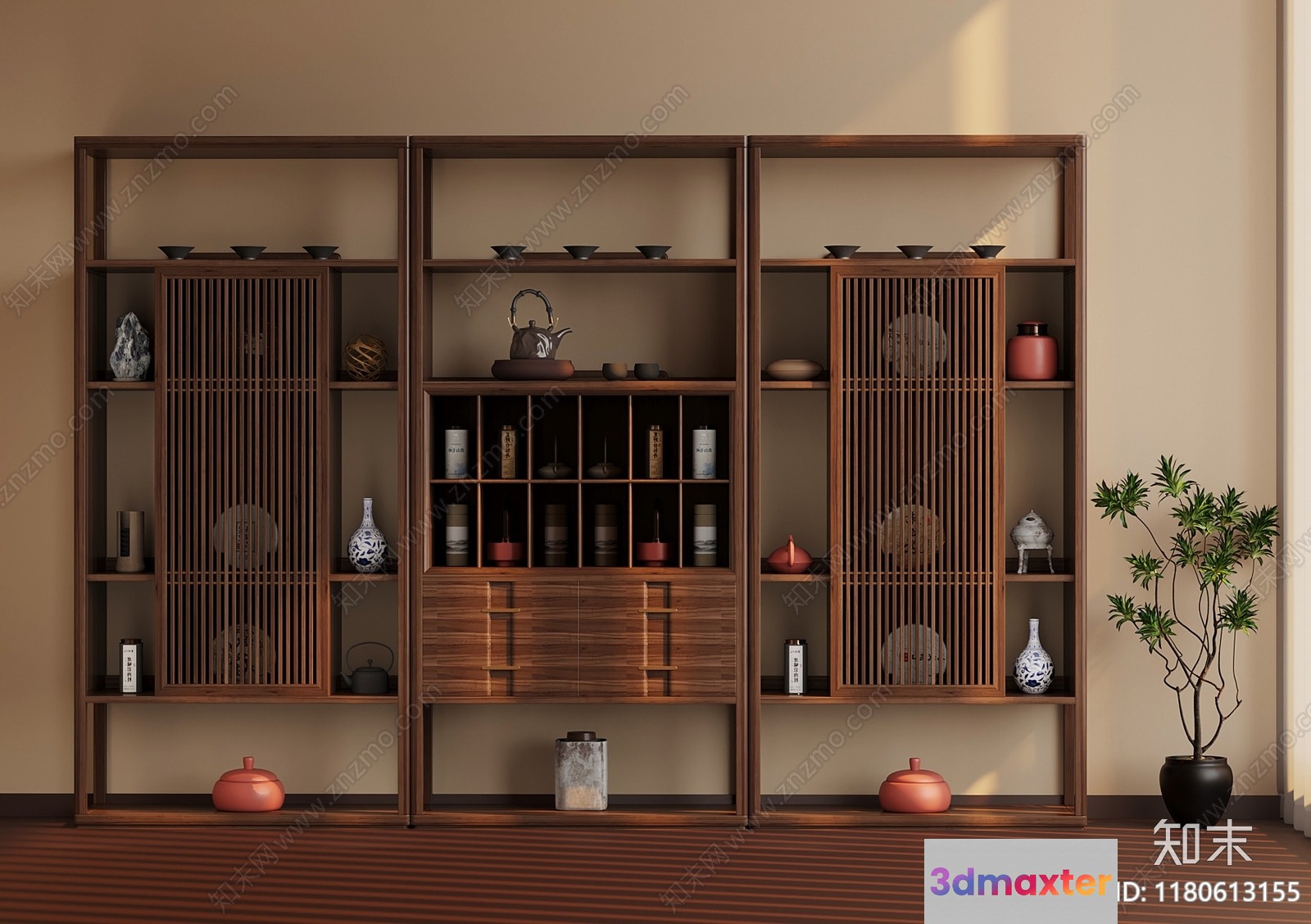 A Wooden Shelving Unit With Various Decorative Items 3D Model - 7746 - VRAY Render