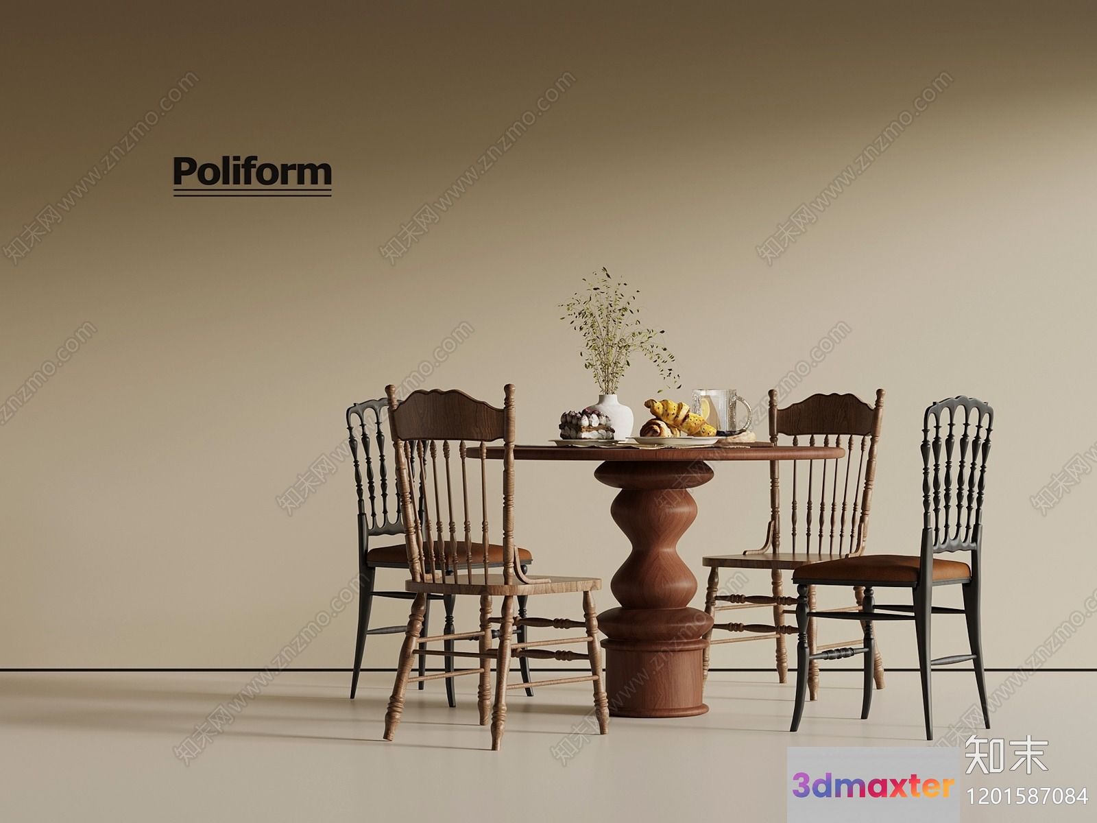 A Wooden Dining Table With Four Chairs 3D Model - 14582 - VRAY Render