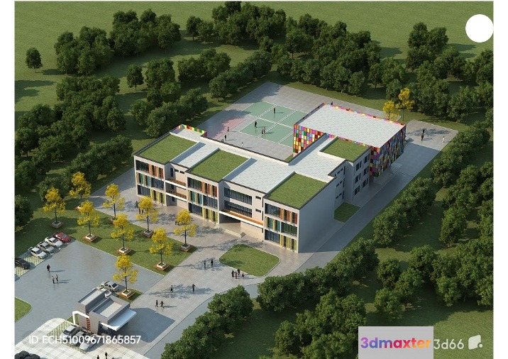 A Large School Building With Green Roofs 3D Model - 4521 - VRAY Render