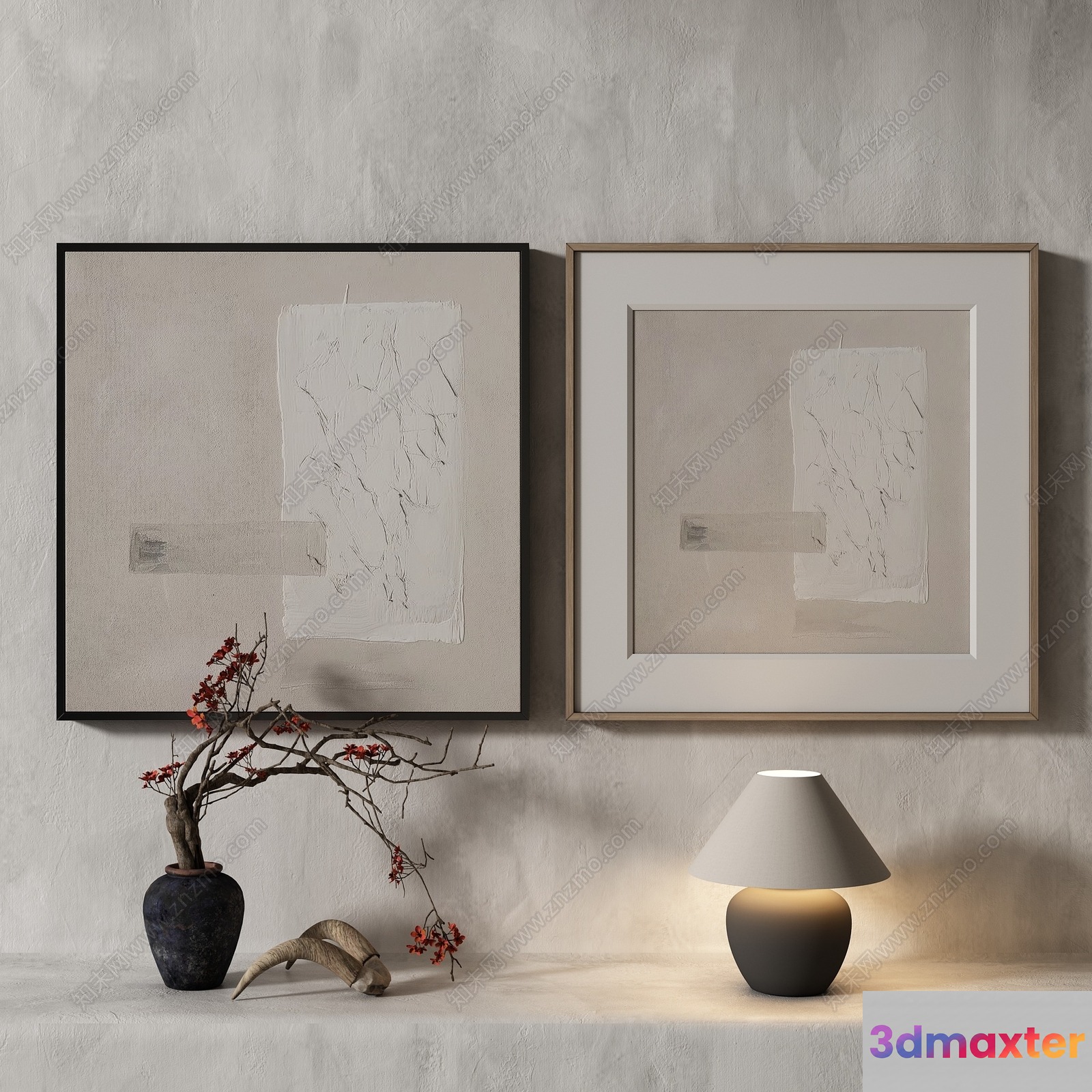 A Neutral-Toned Room With A Table Lamp And Framed Artwork 3D Model - 18623 - VRAY Render