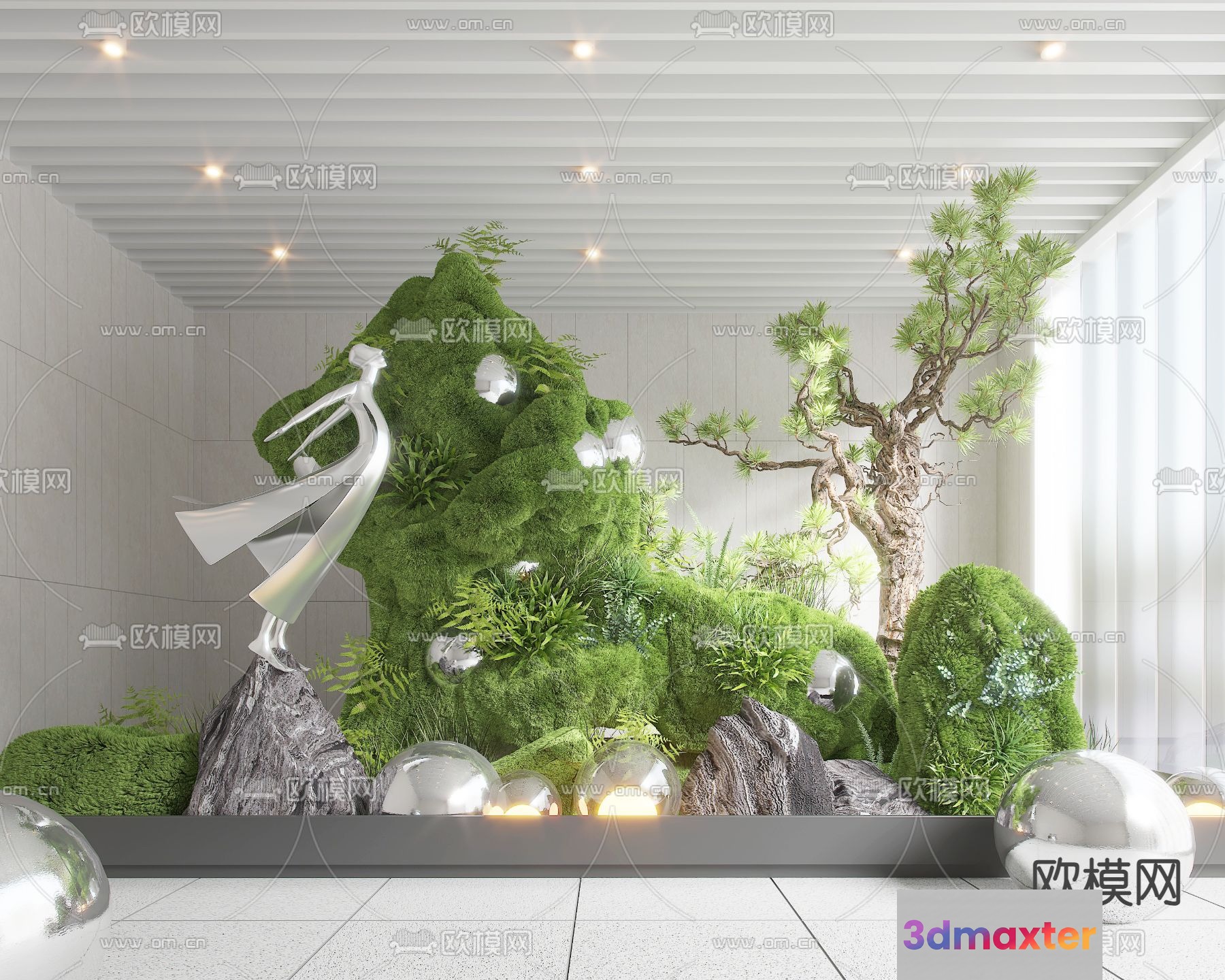 A Modern Interior Design With A Decorative Moss Arrangement 3D Model - 14674 - VRAY Render