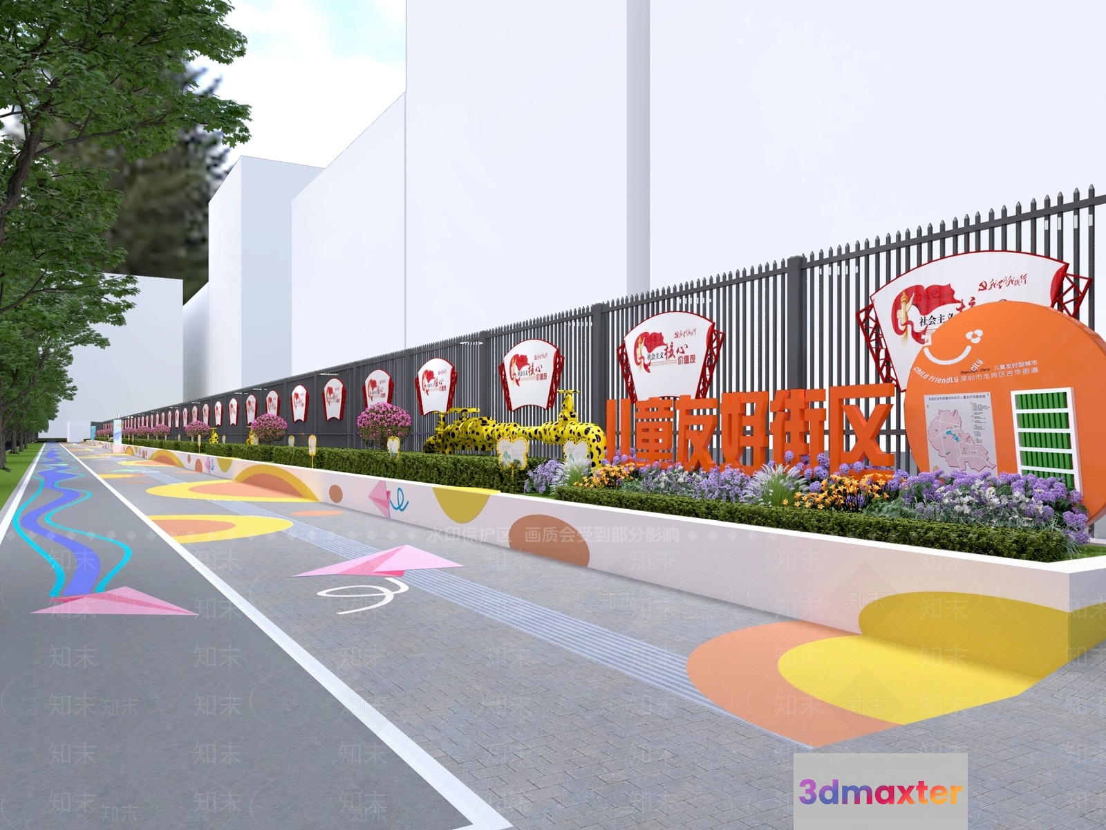 The Main Subject Is A Colorful Fence With A Sign And Its Key Characteristic 3D Model - 8163 - VRAY Render