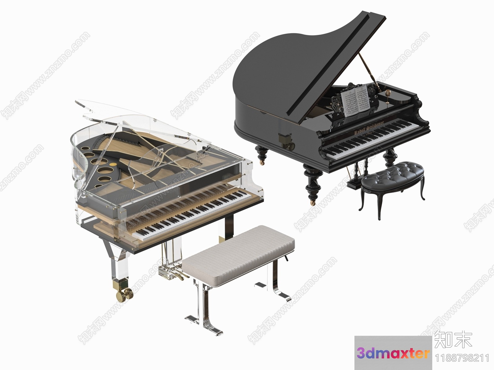 A Black Piano With A White Bench 3D Model - 18793 - VRAY Render