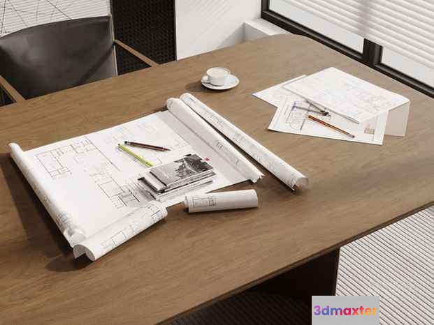 A Desk With Drafting Supplies 3D Model - 1732 - CORONA Render