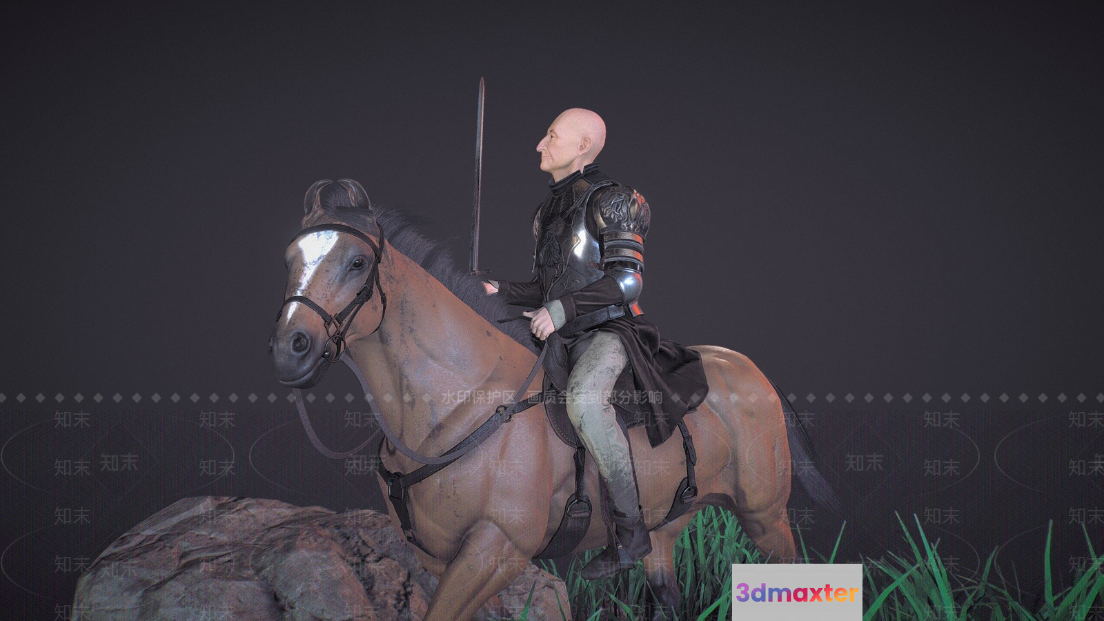 A Bald Man In Armor Riding A Brown Horse 3D Model - 7862 - VRAY Render
