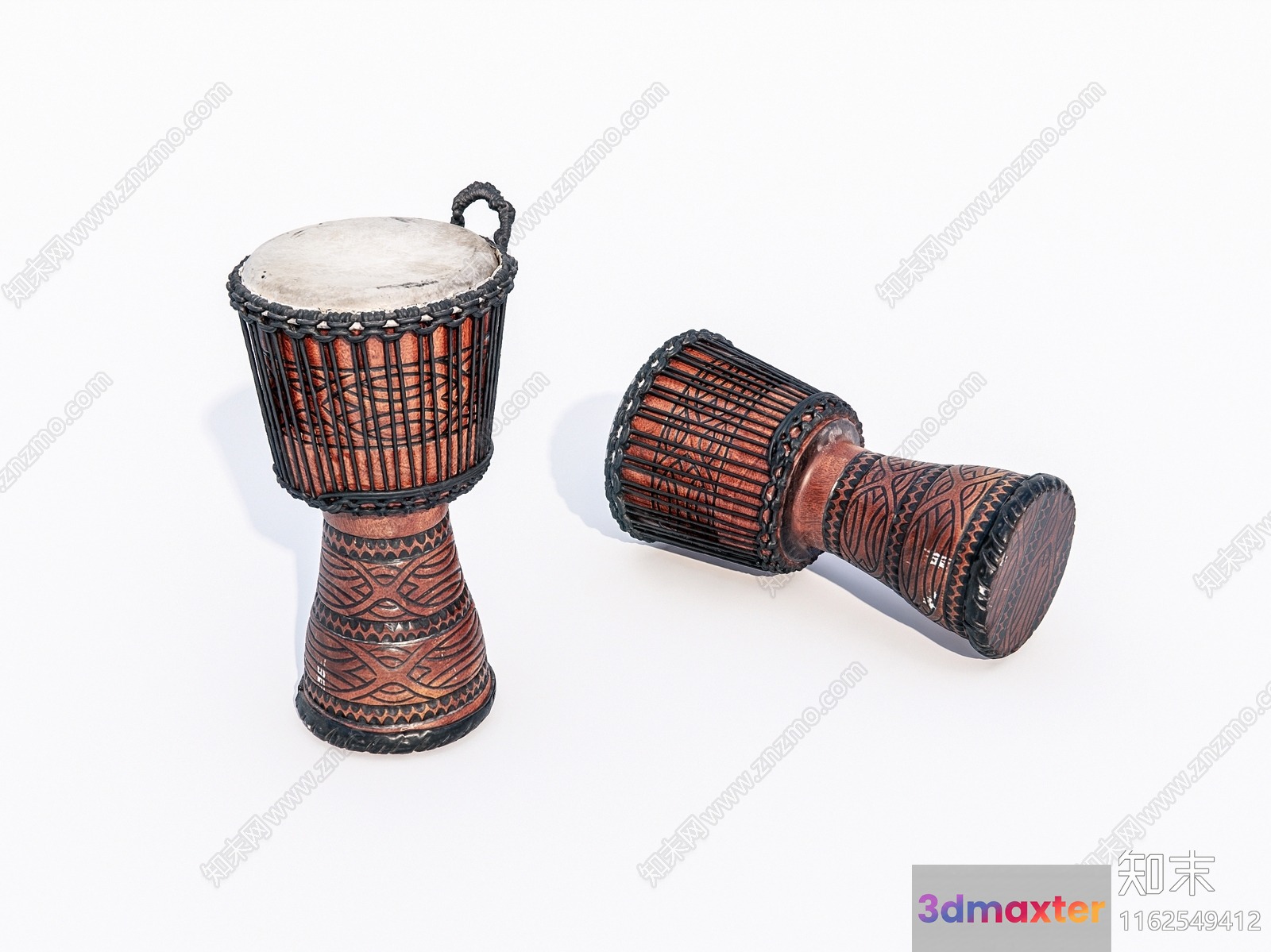 A Pair Of Drums With Intricate Carvings 3D Model - 21027 - VRAY Render