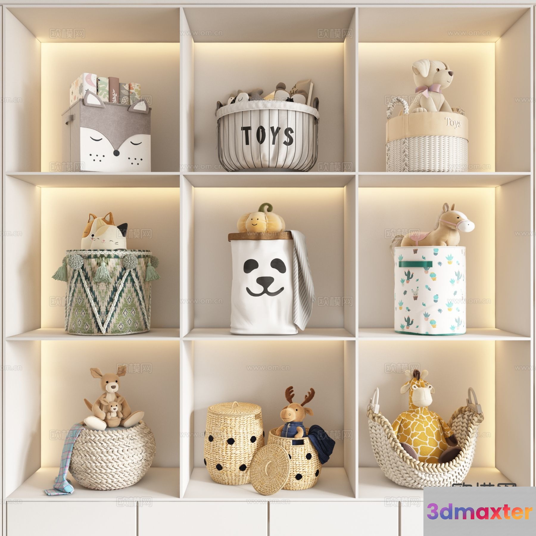 A White Toy Shelf With Various Toys And Storage Baskets 3D Model - 15919 - VRAY Render
