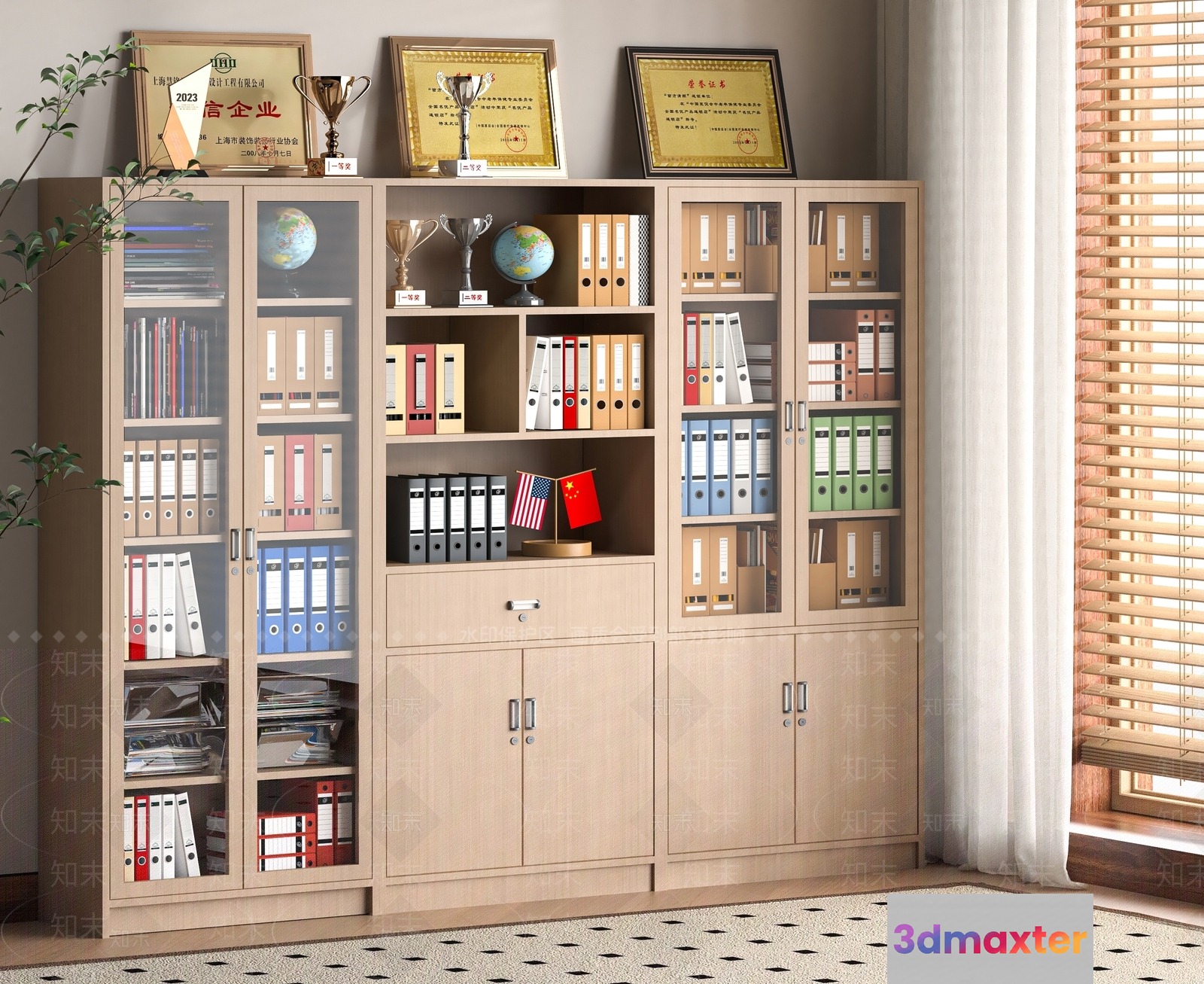 Light Wood Bookcase 3D Model - 8178 - VRAY Render