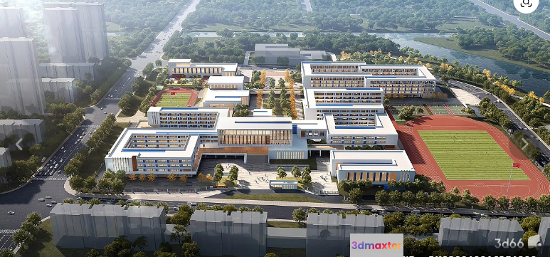 Aerial View Of A Large Building Complex With A Track And Field 3D Model - 17496 - VRAY Render