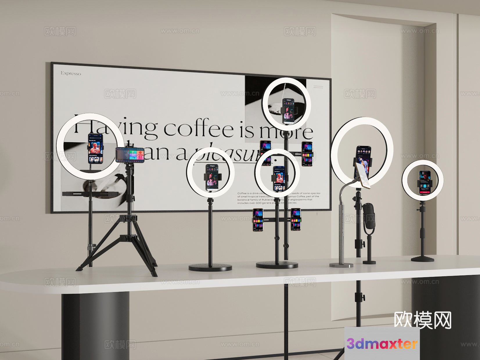 A Collection Of Ring Lights With Smartphones Attached To Them 3D Model - 15179 - VRAY Render