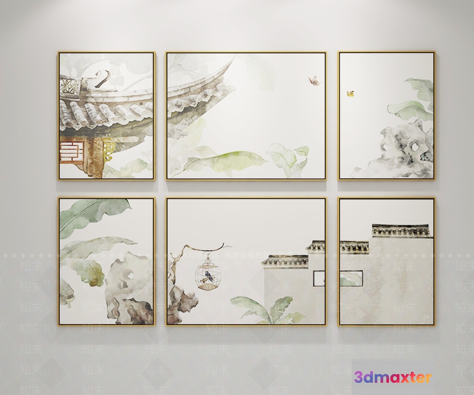 A Collection Of Six Paintings In Gold Frames 3D Model - 17225 - VRAY Render