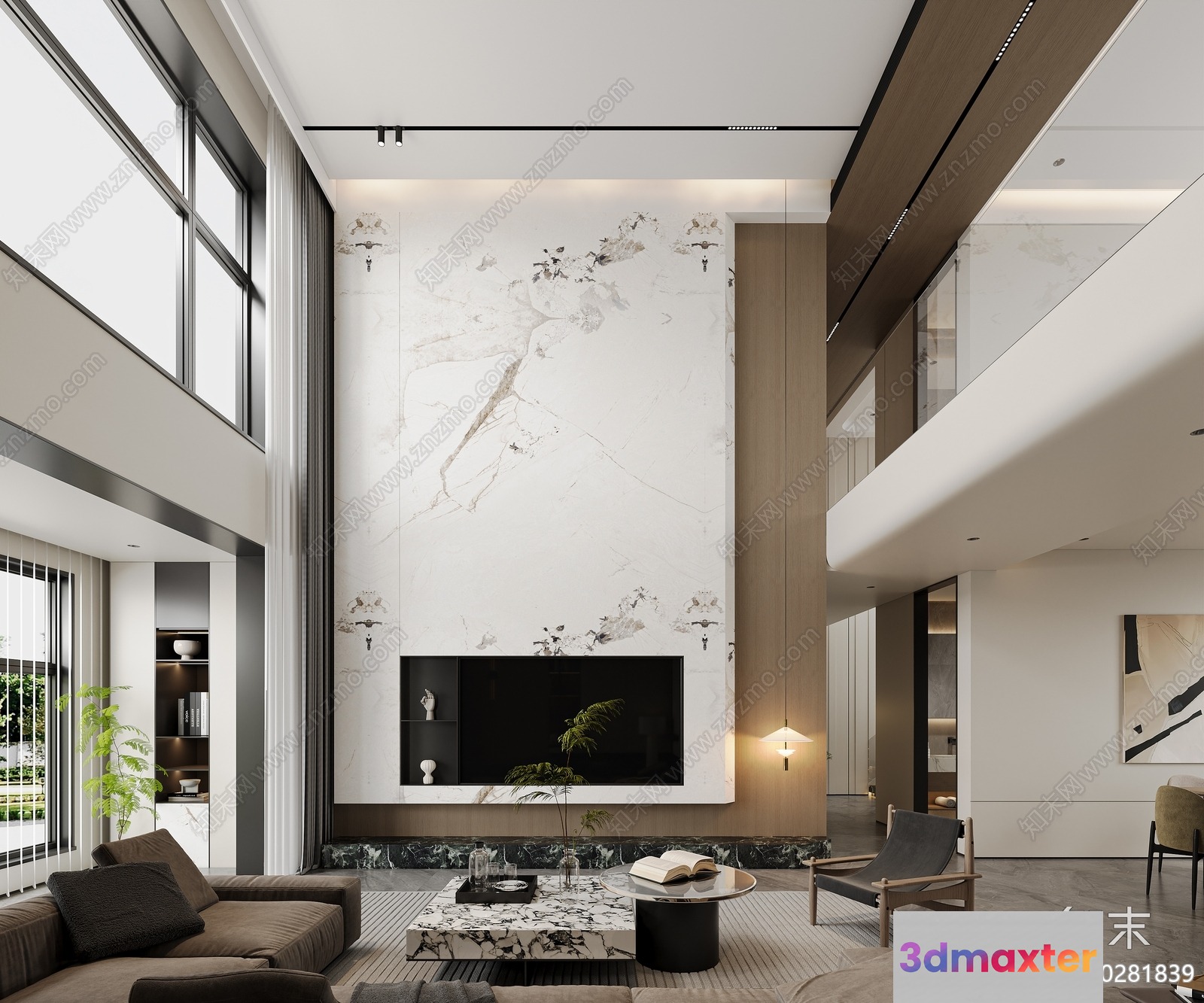 Modern High-Ceilinged Living Room 3D Model - 10628 - VRAY Render