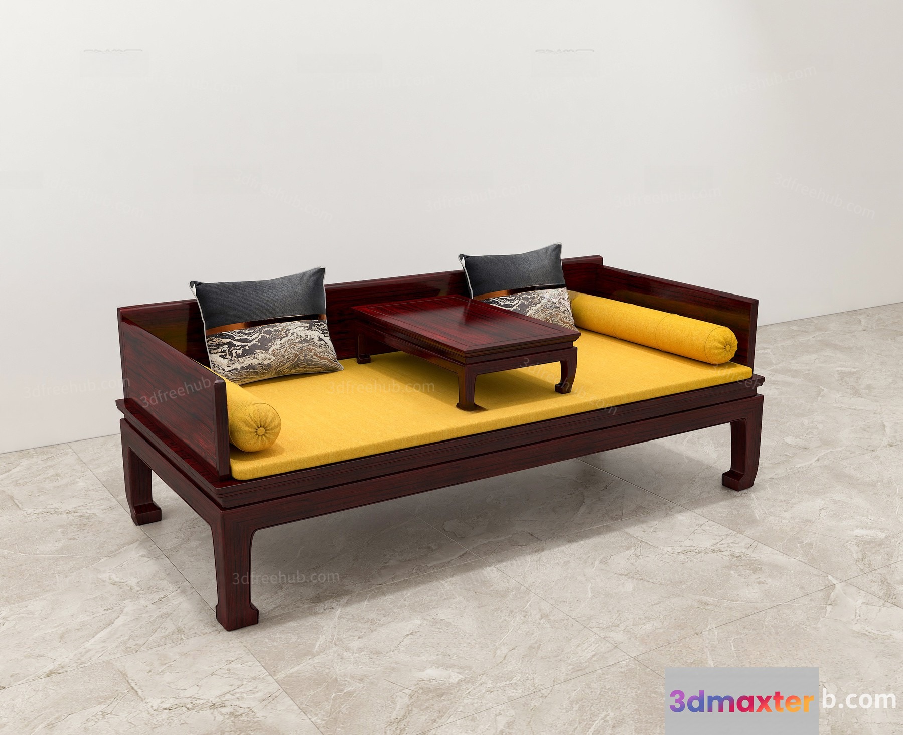 A Wooden Daybed With Yellow Cushions 3D Model - 21495 - VRAY Render