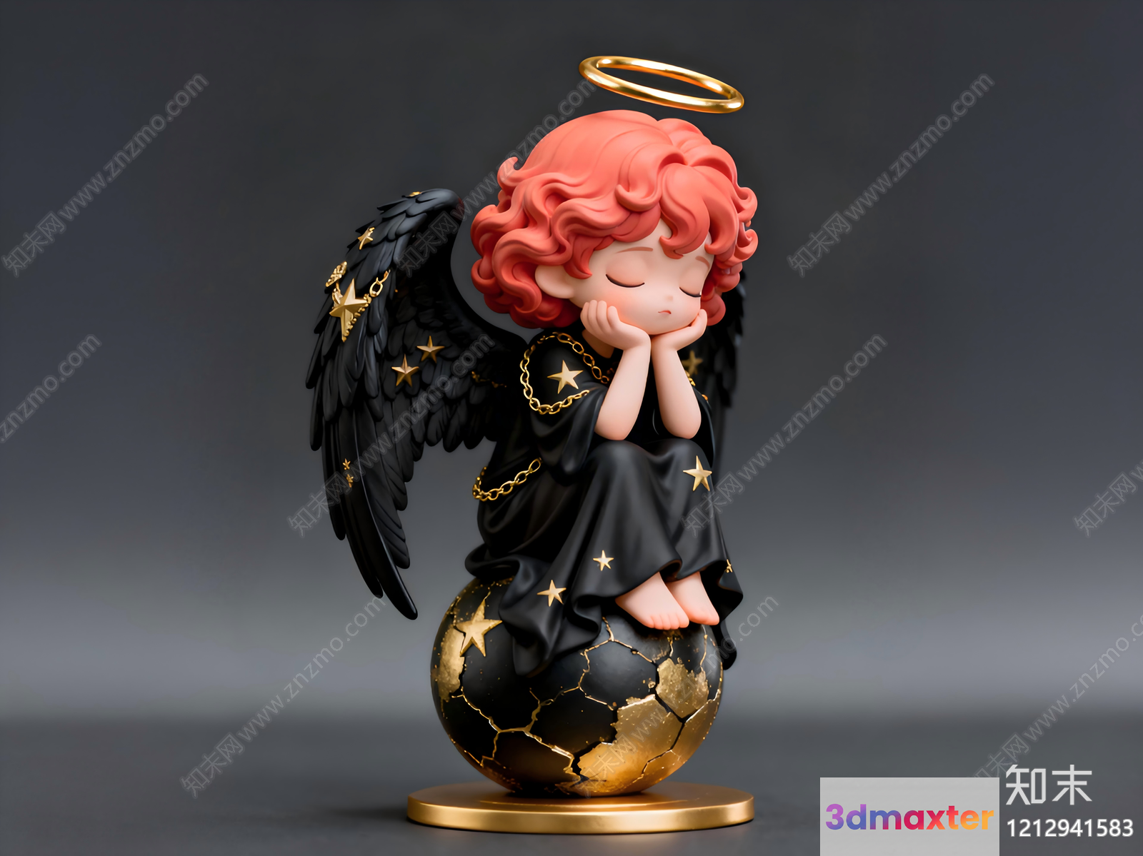 A Small Angel Figurine With Pink Hair And Black Wings 3D Model - 6907 - VRAY Render