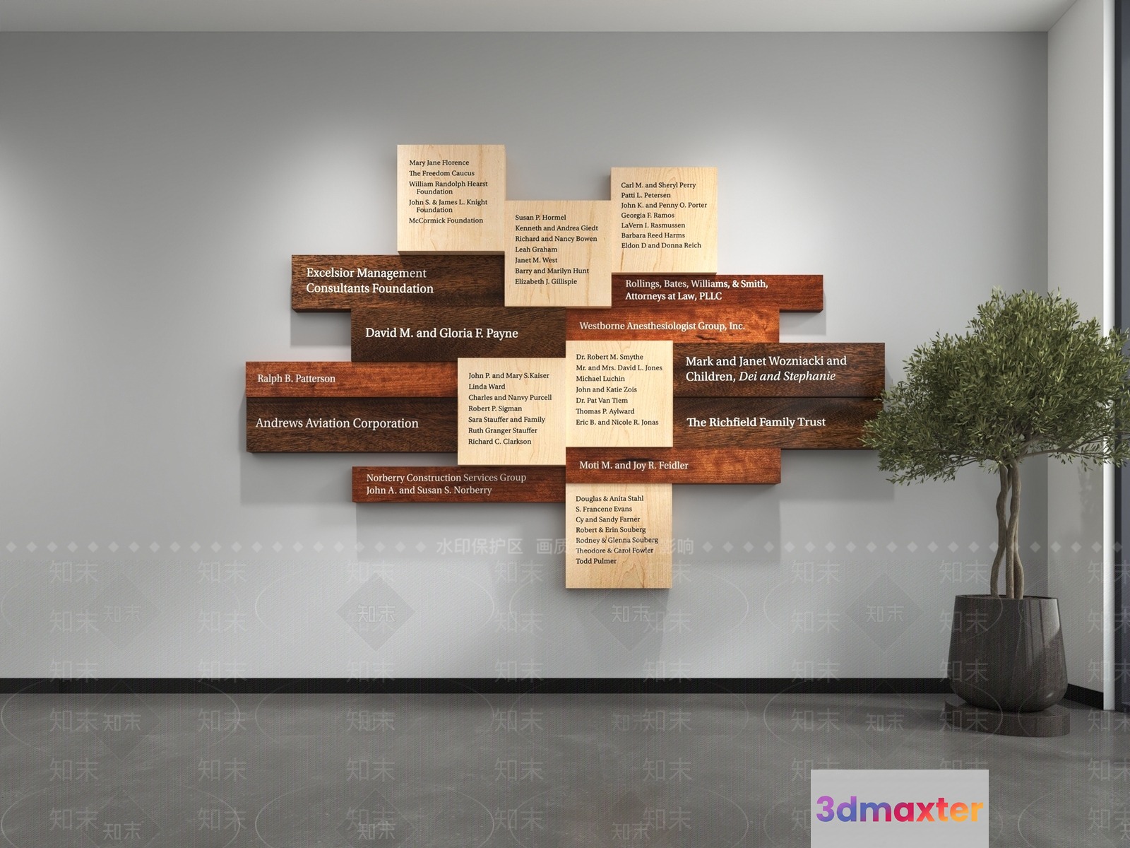 A Wooden Wall Plaque With Names And Organizations 3D Model - 12469 - VRAY Render