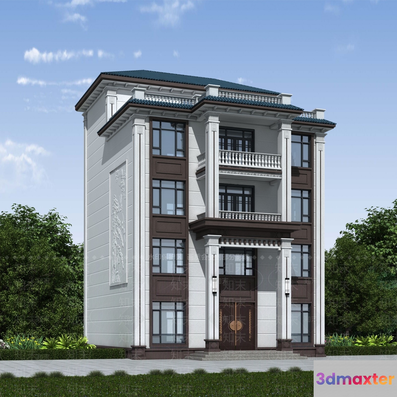 A White Building With A Green Roof 3D Model - 7026 - VRAY Render