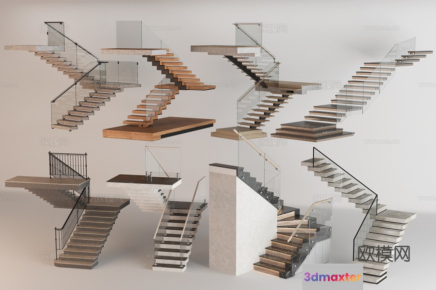 Stairs With Glass Railings 3D Model - 12580 - VRAY Render